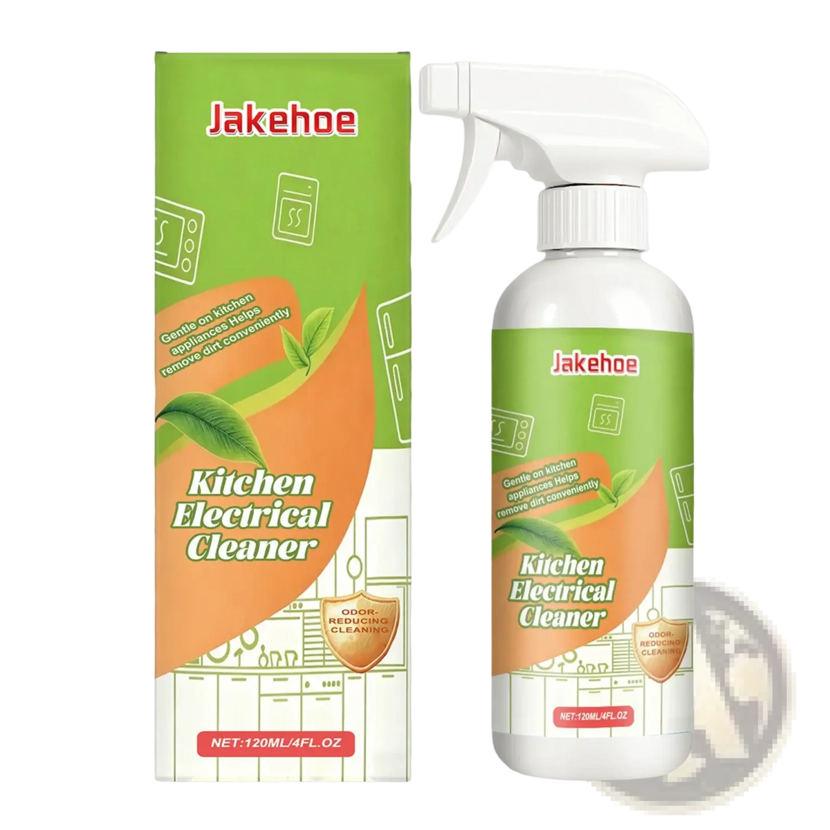 Jakehoe kitchen appliance cleaner heavy duty degreaser spray in a white spray bottle with green and orange labeling