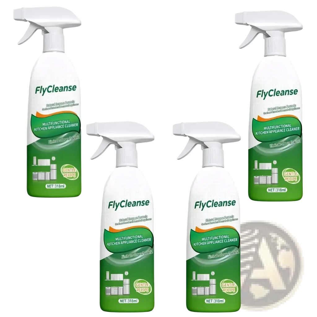 Four white flycleanse multifunctional kitchen appliance cleaner spray bottles with green labels 318ml each