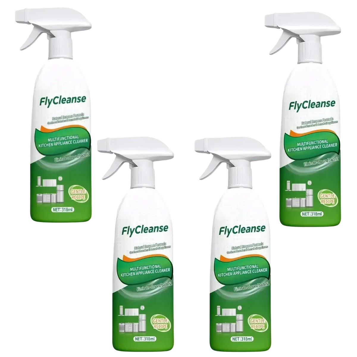 Four white flycleanse multifunctional kitchen appliance cleaner spray bottles with green labels 318ml each