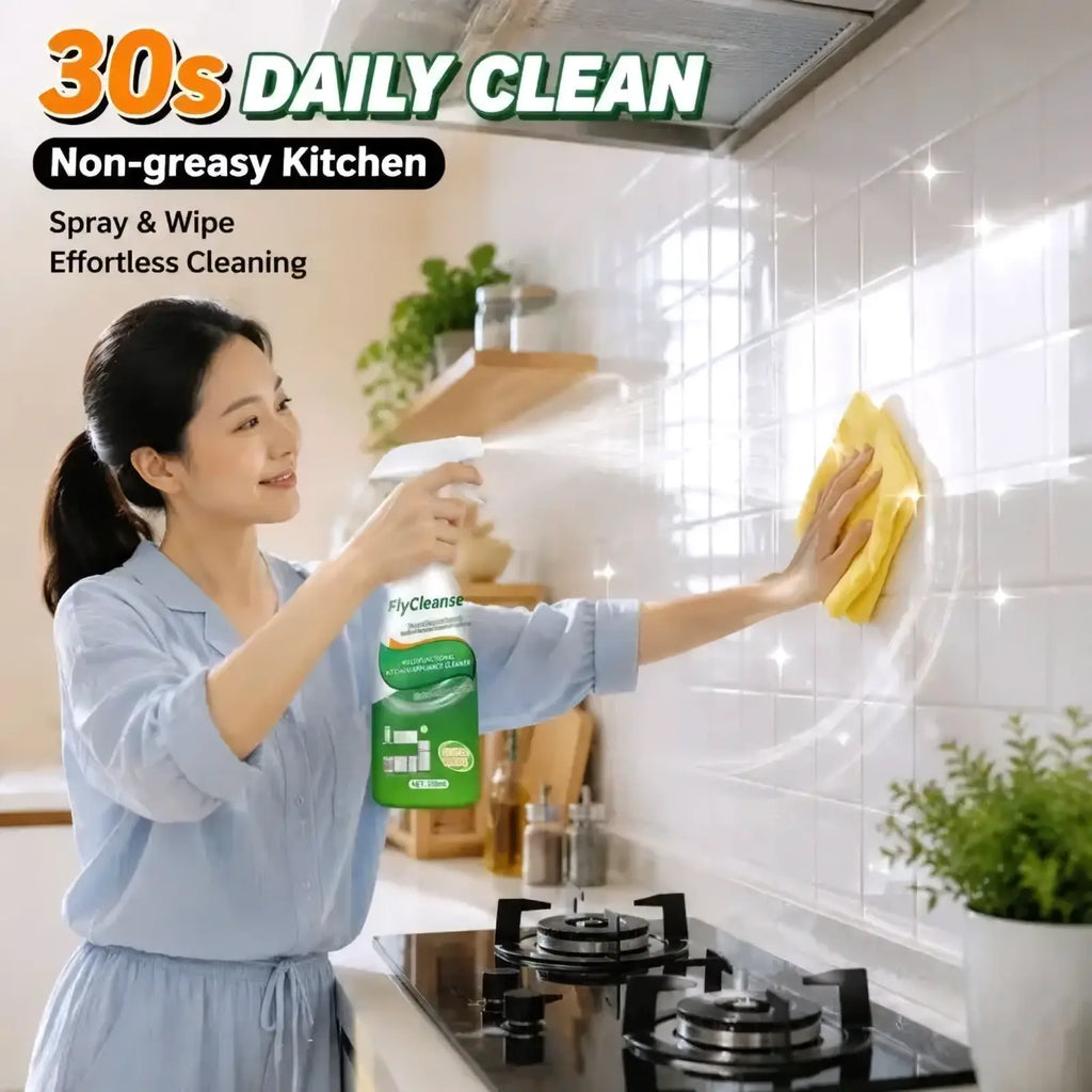 Green kitchen appliance cleaner spray bottle flycleanse with white nozzle designed for non-greasy kitchen cleaning