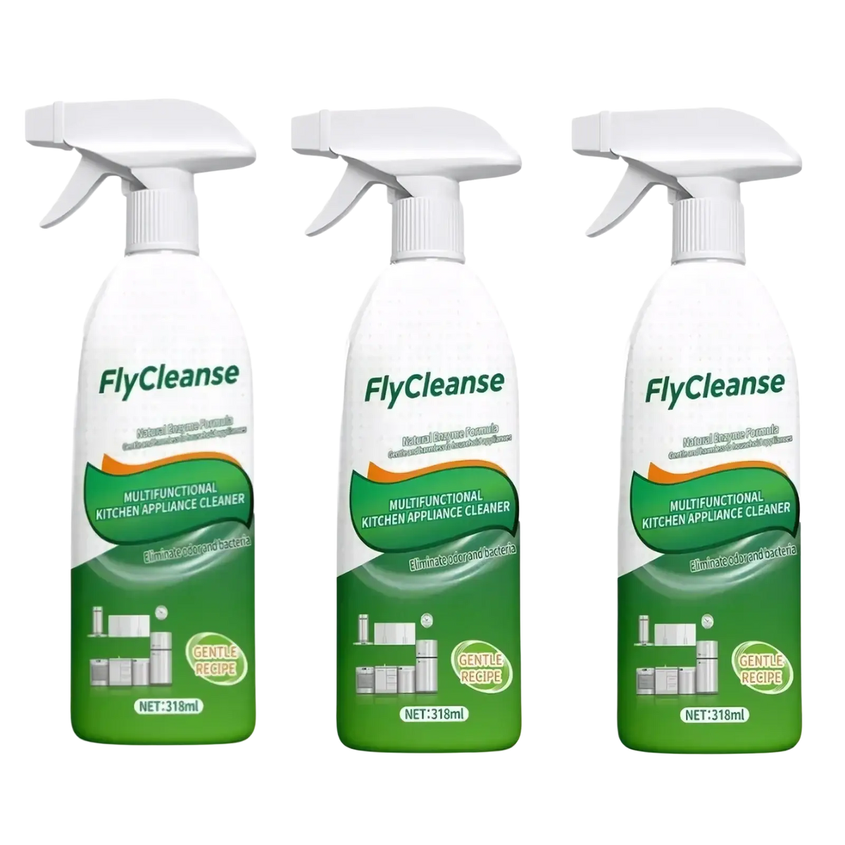 Three white spray bottles of flycleanse multifunctional kitchen appliance cleaner with green labels 318ml each