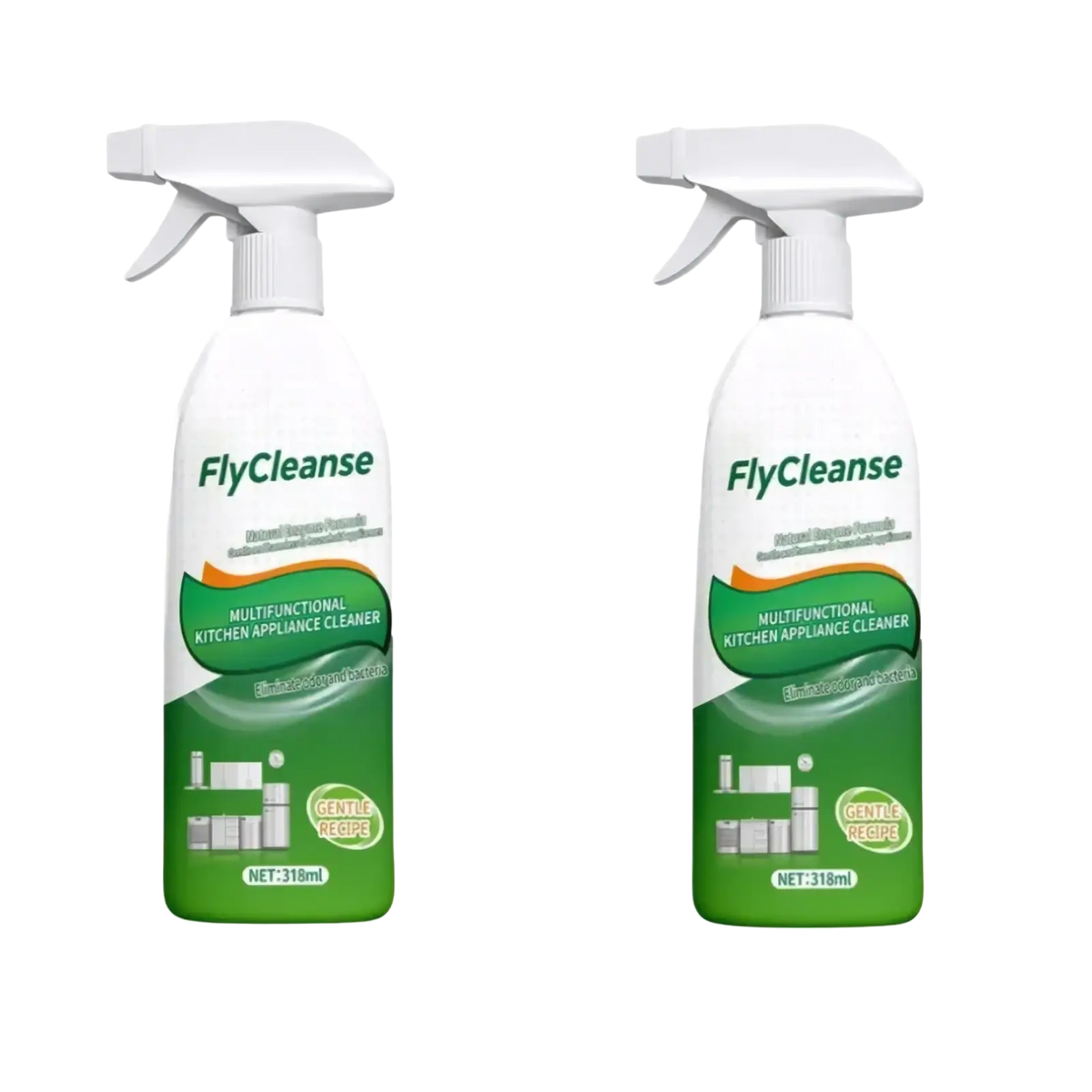 Two white and green flycleanse kitchen appliance cleaner spray bottles with multifunctional 318ml capacity