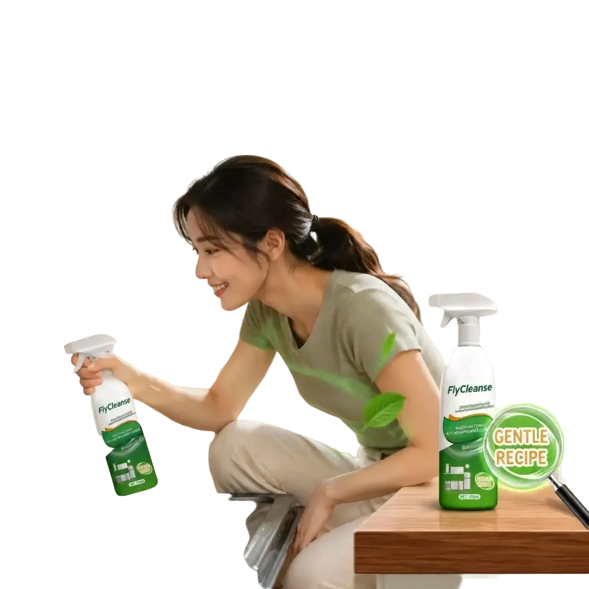 White plastic kitchen appliance cleaner spray bottle with green flycleanse label and white trigger nozzle