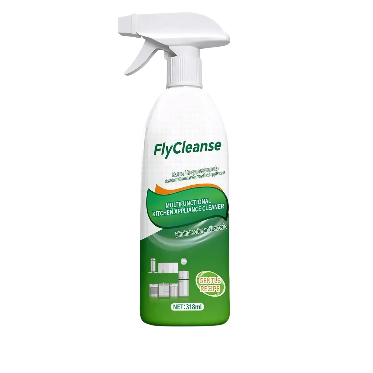 White and green flycleanse multifunctional kitchen appliance cleaner spray bottle with a white trigger nozzle for cleaning