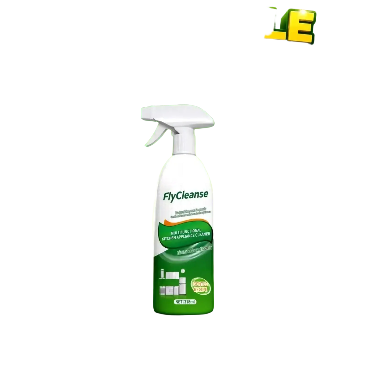 White and green flycleanse spray bottle with white trigger nozzle for multi-functional kitchen appliance cleaning