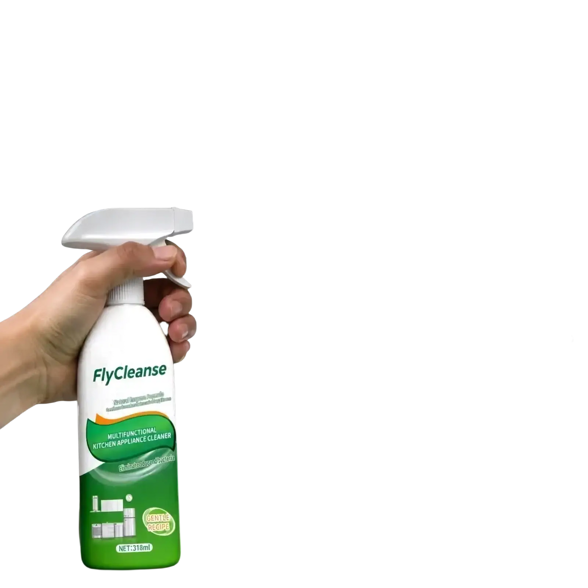 White and green flycleanse kitchen appliance cleaner spray with white trigger nozzle for multifunctional use