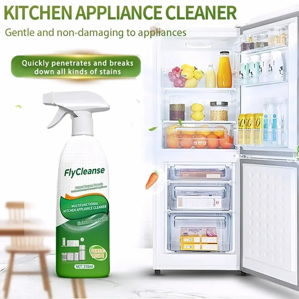 White and green flycleanse multifunctional kitchen appliance cleaner spray with a white trigger nozzle for easy use