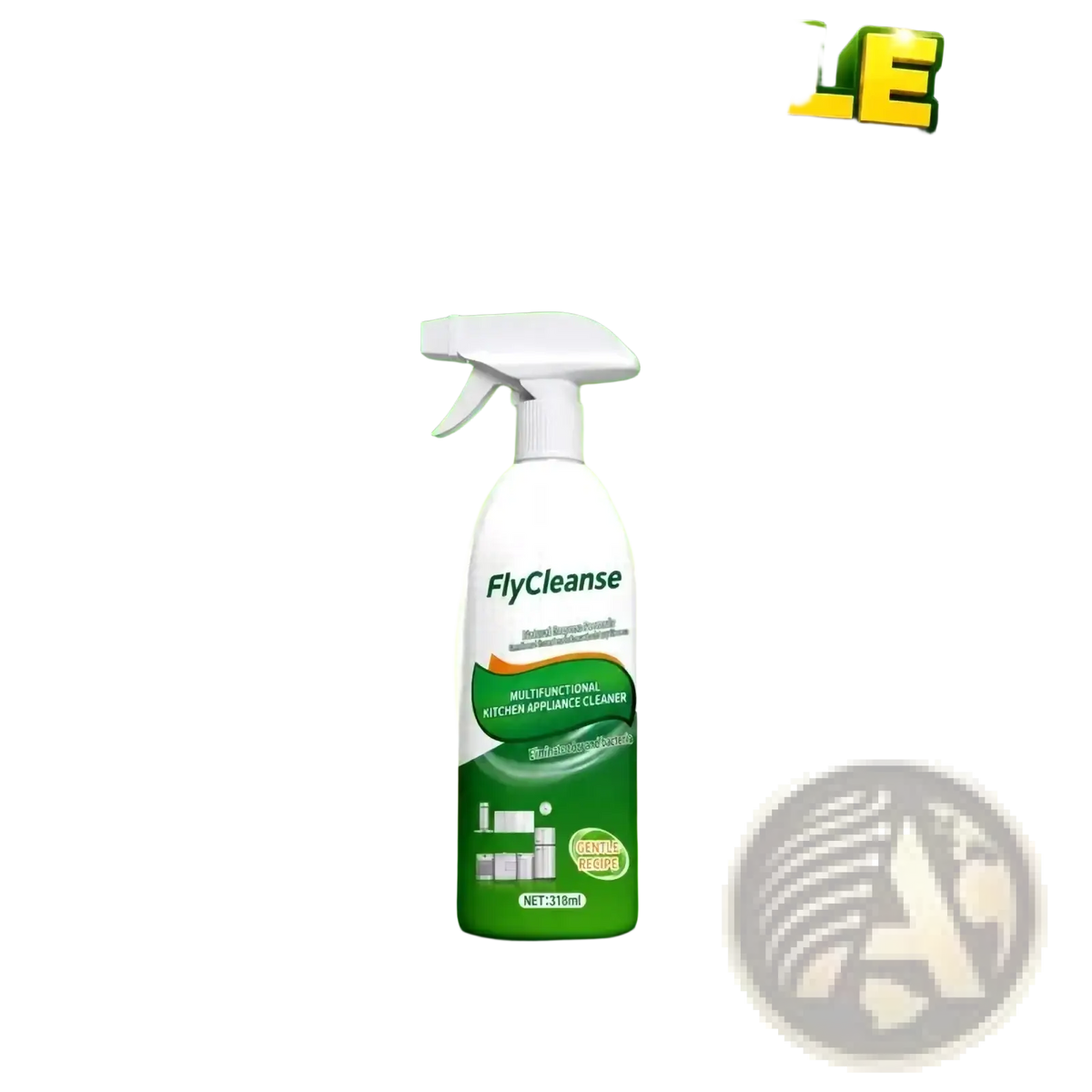 White and green flycleanse spray bottle with white trigger nozzle for multi-functional kitchen appliance cleaning