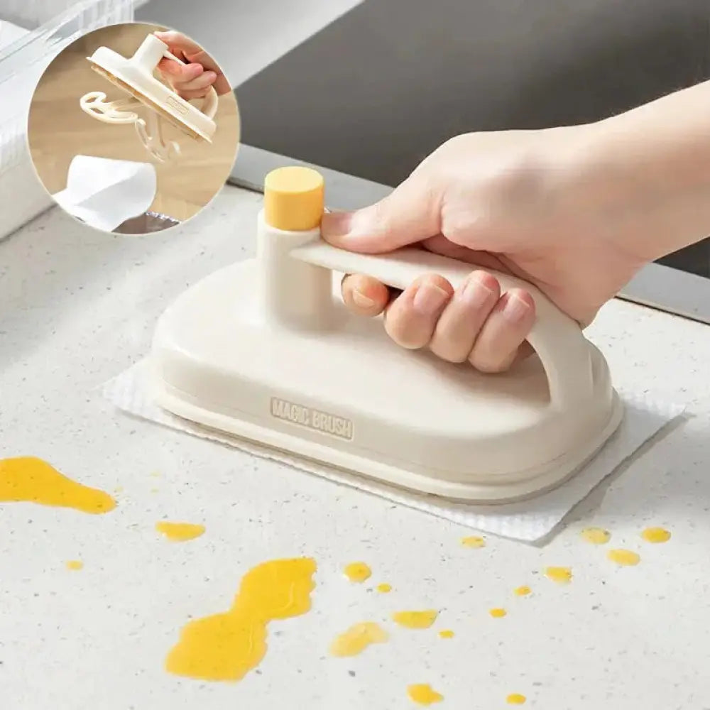 Cream-colored plastic steam cleaner with yellow knob and handle for spot cleaning countertops arbaglobal multi-surface scrub brush