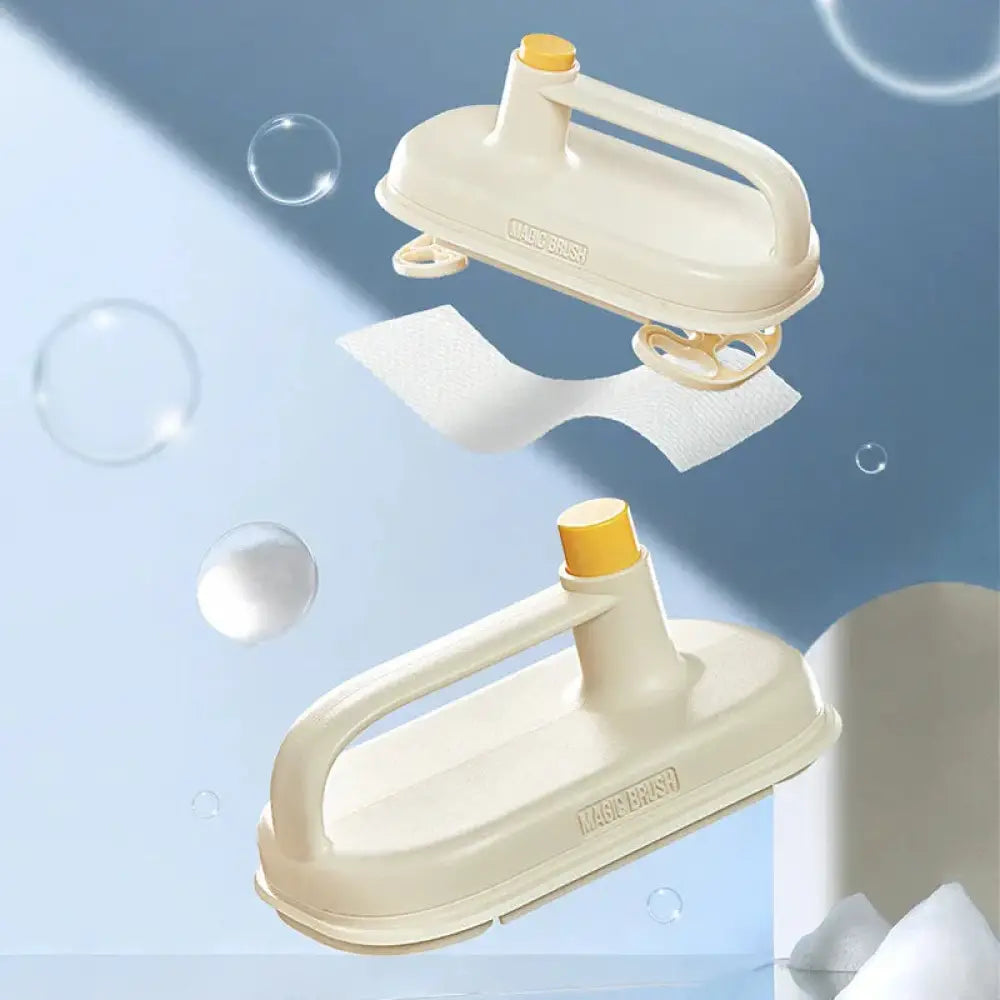 Cream-colored plastic steam iron with yellow handle and magicbrush brand engraving shown with arbaglobal multi-surface scrub brush