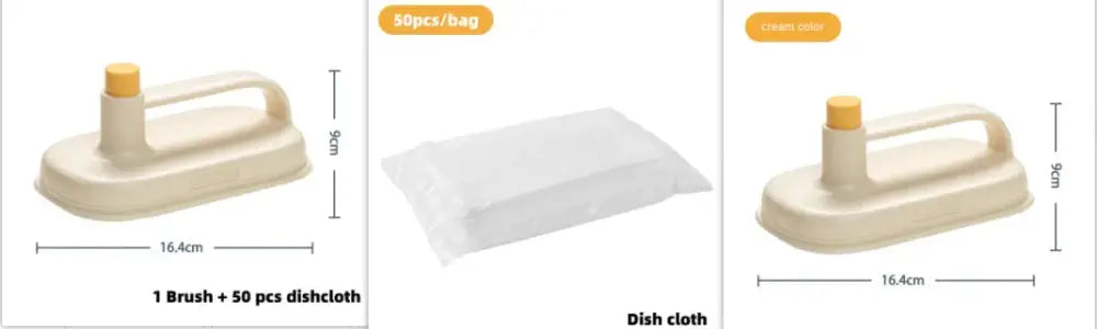 Cream-colored plastic steam iron with yellow handle and cap packaged with 50 white dishcloths by arbaglobal