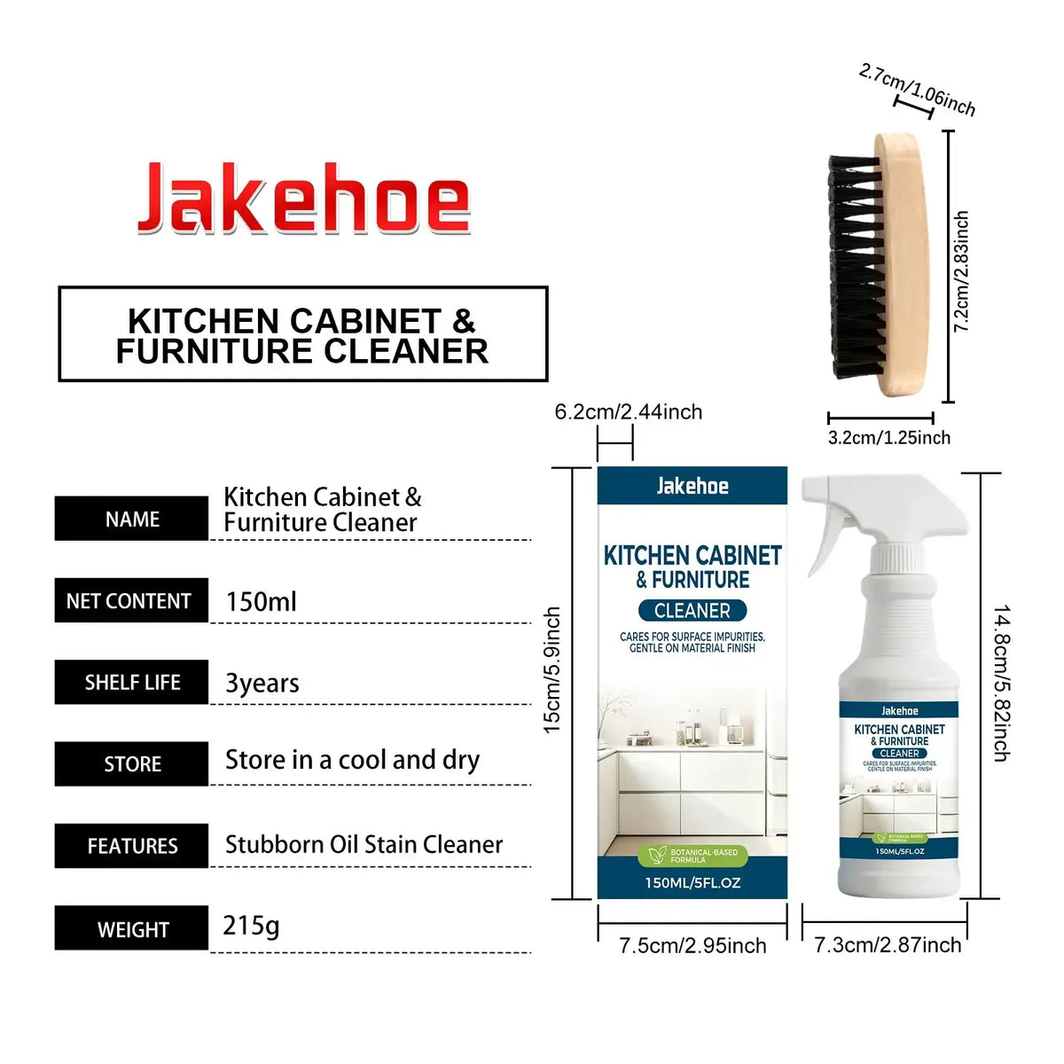 Jakehoe kitchen cabinet degreaser spray in a white bottle with blue green labels beside a wooden-handled brush