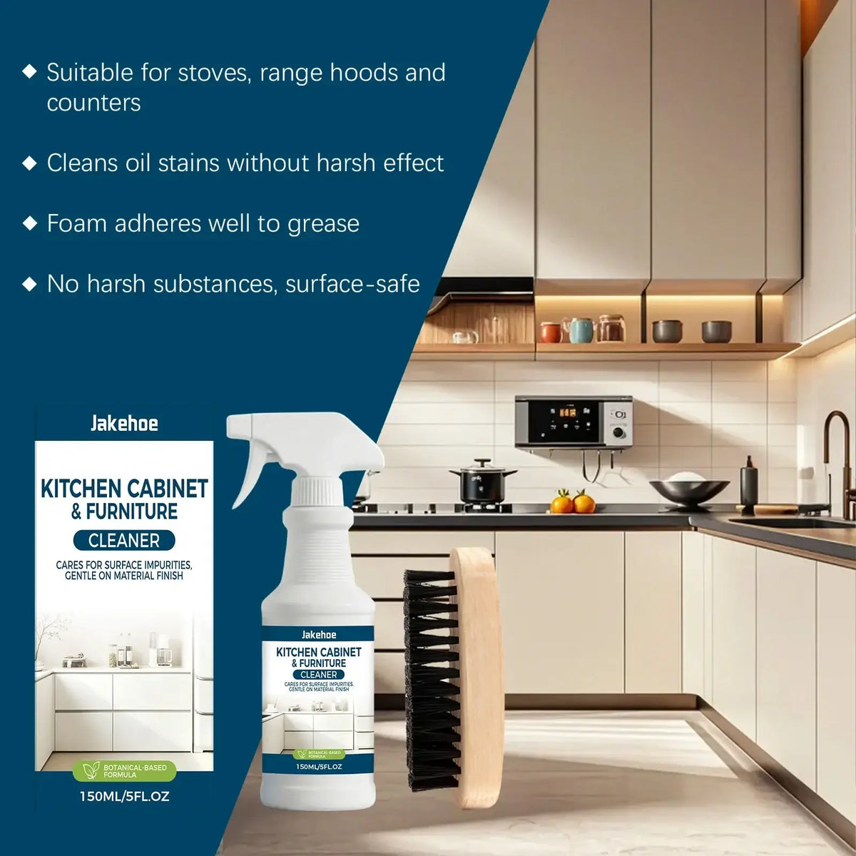 White spray bottle kitchen cabinet degreaser spray with blue label and black bristle brush for cleaning furniture