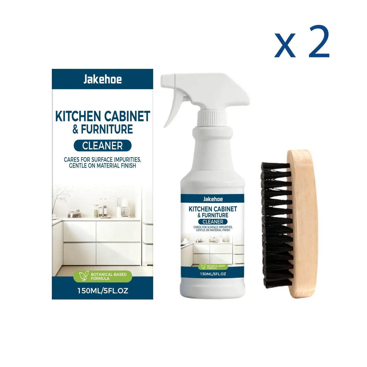 White spray bottle with blue label and wooden-handled brush from jakehoe kitchen cabinet degreaser spray set