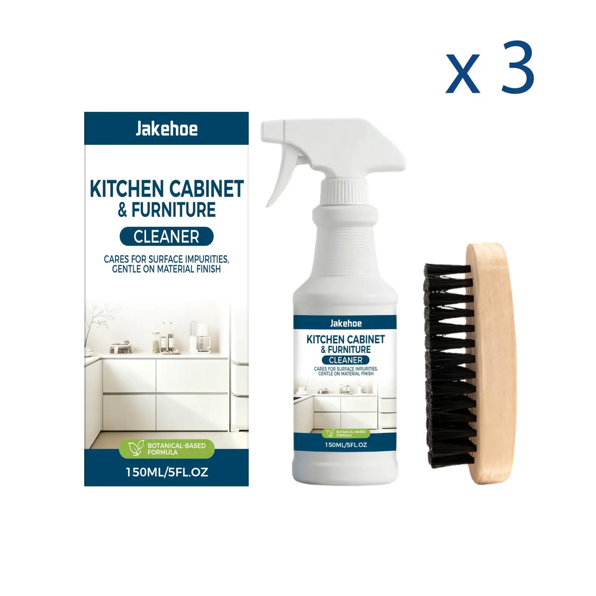 White spray bottle with blue label and white trigger nozzle containing Jakehoe kitchen cabinet degreaser spray cleaner