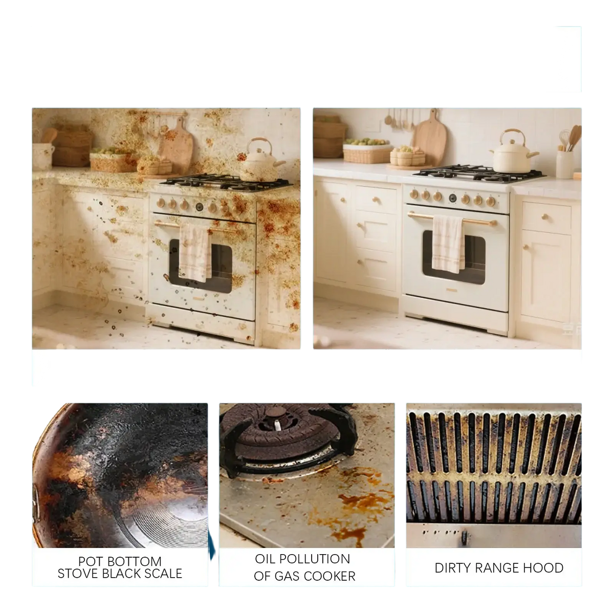 White gas range with kettle and towel showcasing kitchen cabinet degreaser spray for effective grease removal