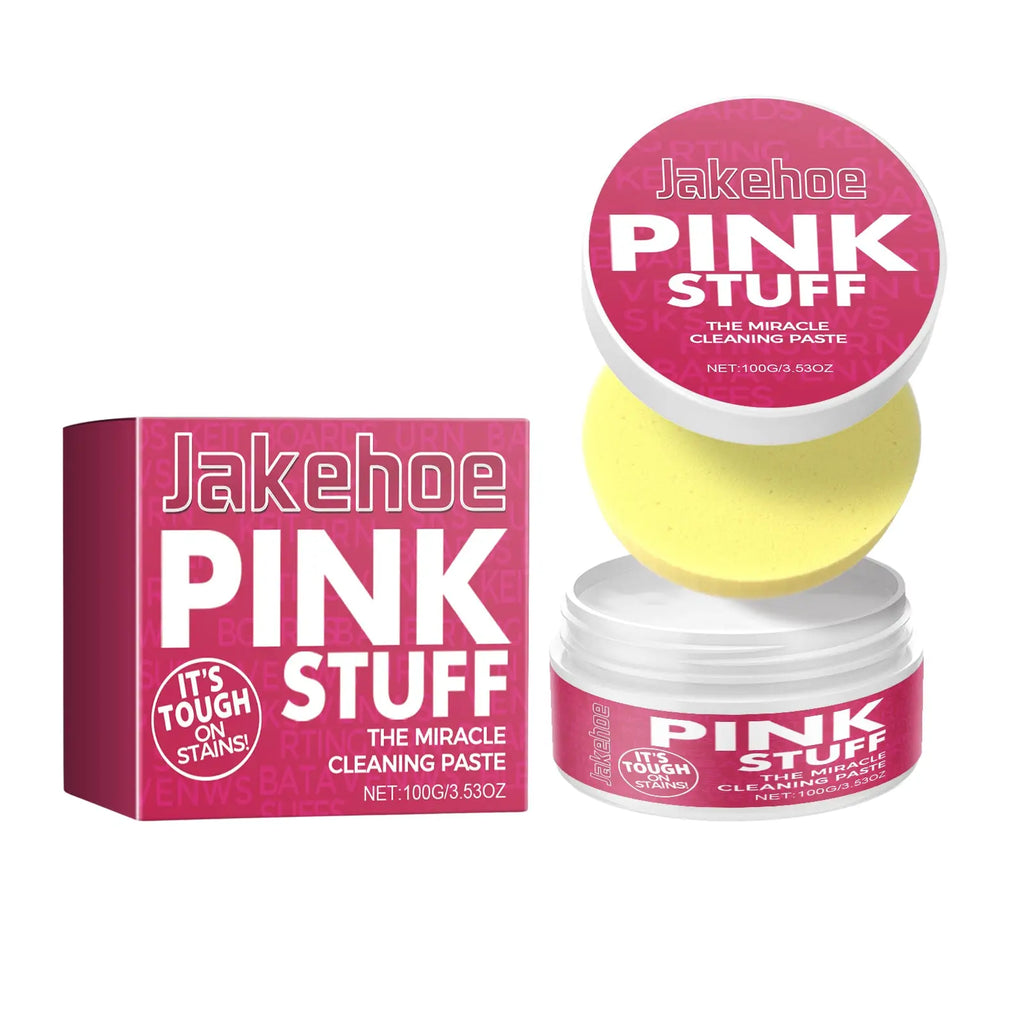 Jakehoe pink stuff kitchen cleaning paste mult purpose stain remover in vibrant pink and white jar with yellow sponge included