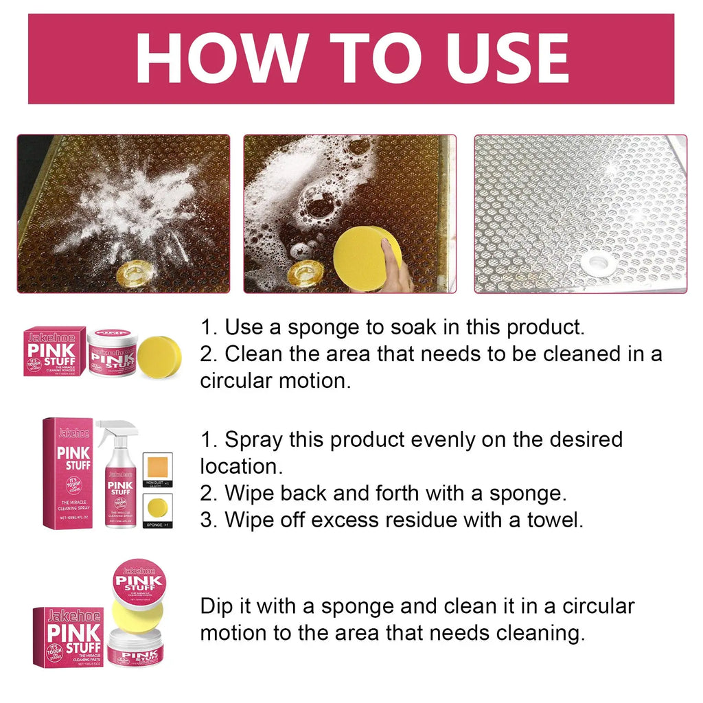 Pink stuff miracle cleaning spray in a white bottle with pink branding for kitchen cleaning paste and stain removal