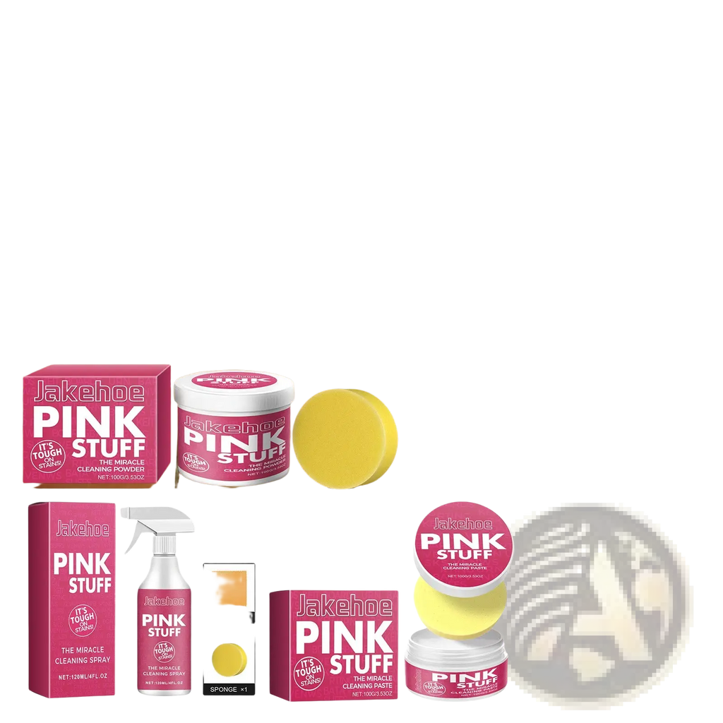 Pink stuff kitchen cleaning paste multi purpose stain remover kit with pink packaging white containers and yellow sponges
