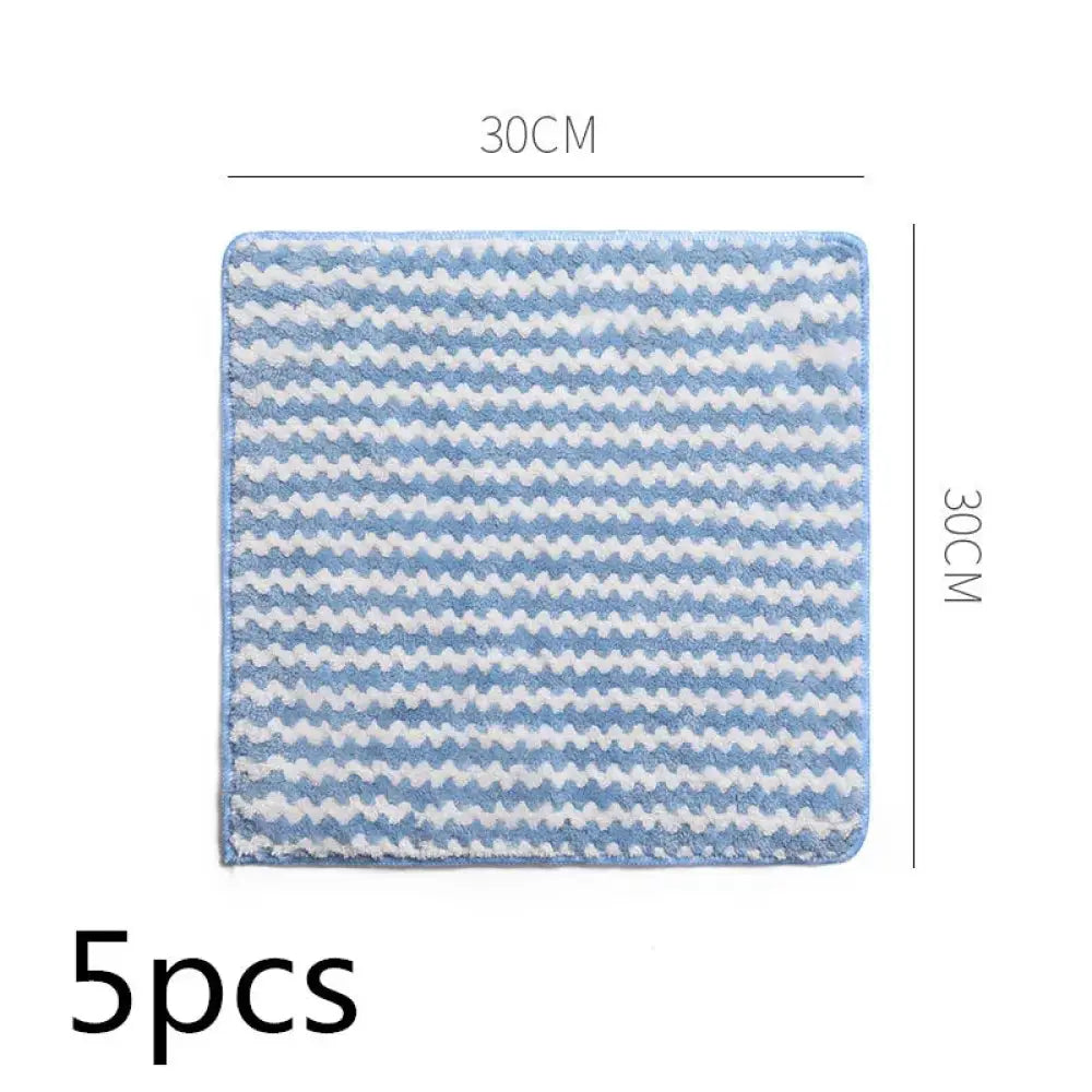 A 30cm by 30cm blue and white zigzag microfiber coral fleece cleaning cloth for kitchen use with super absorbent stripes
