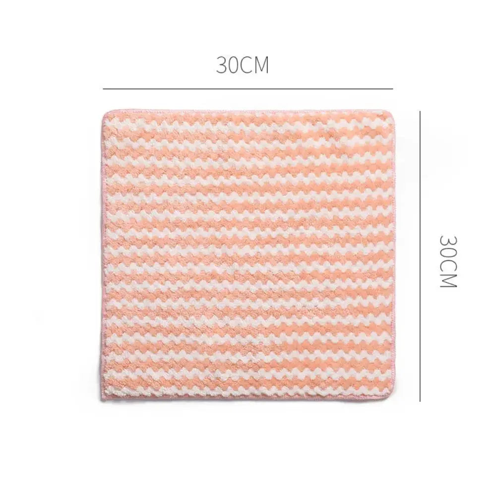 Super absorbent striped coral fleece kitchen cleaning cloth in soft pink and white plush microfiber 30cm by 30cm square