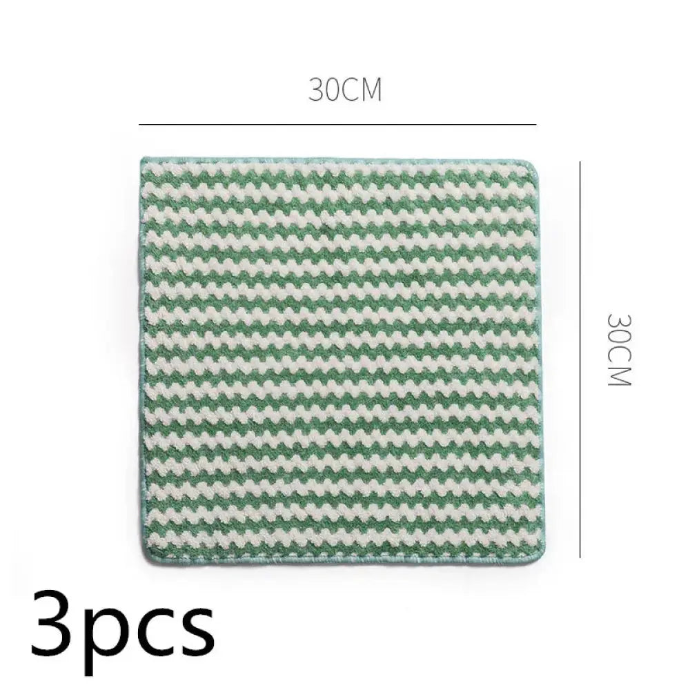 Super absorbent striped coral fleece kitchen cleaning cloth in square green and white woven design 30cm by 30cm