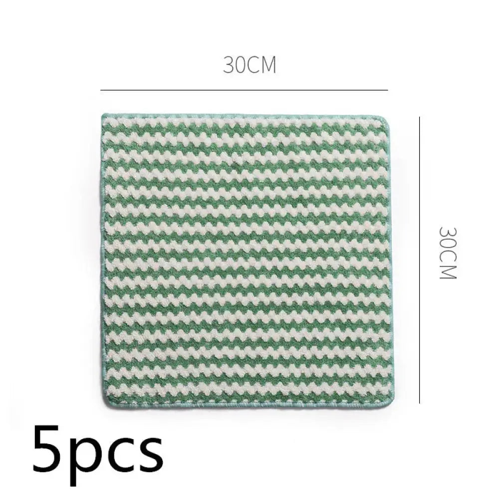 Square green and white woven mat 30cm in size shown with super absorbent striped coral fleece kitchen cleaning cloths