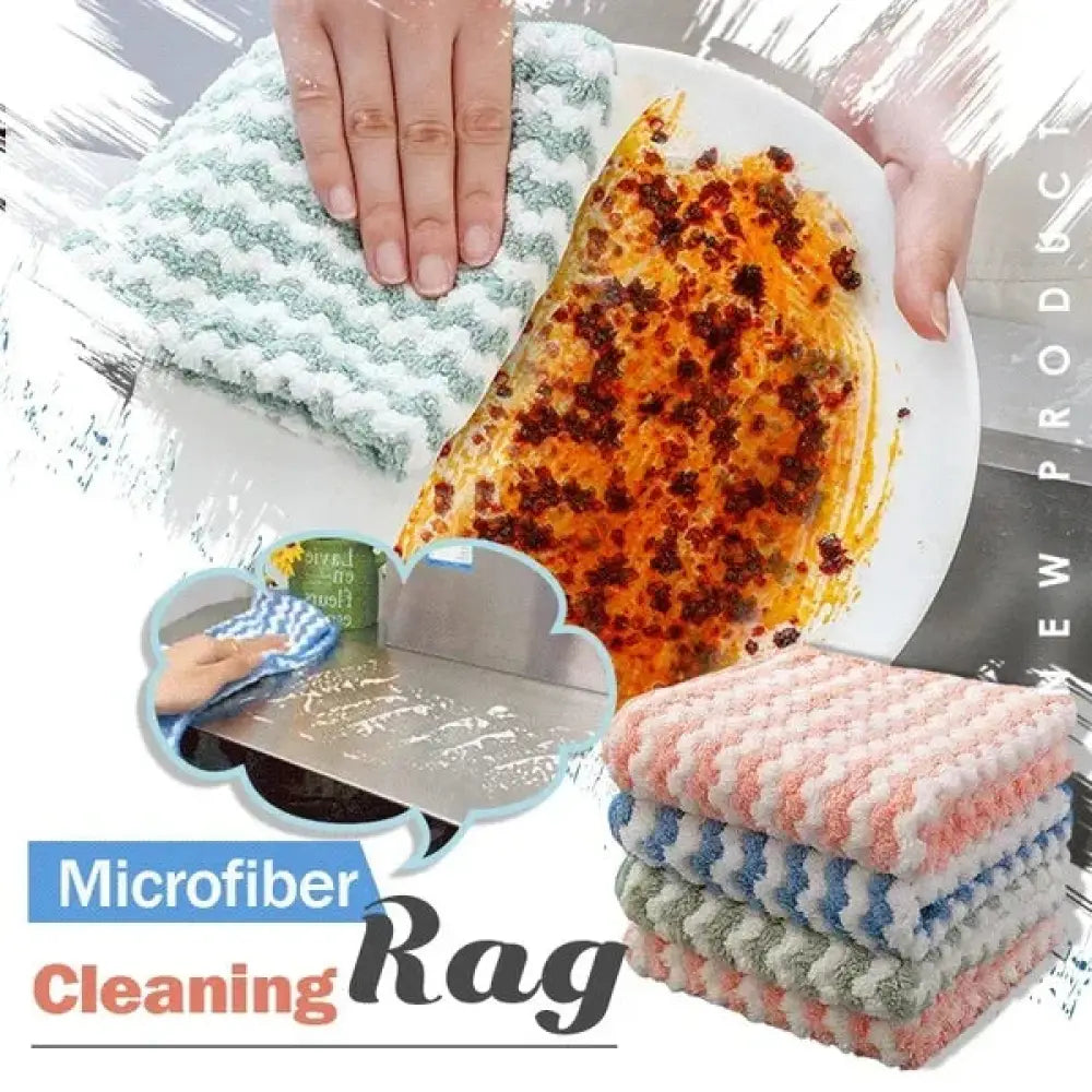 Stacked super absorbent striped coral fleece kitchen cleaning cloths in soft pastel pink blue and green microfiber rags