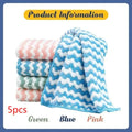 Set of five super absorbent striped coral fleece kitchen cleaning cloths in blue green and pink with chevron texture