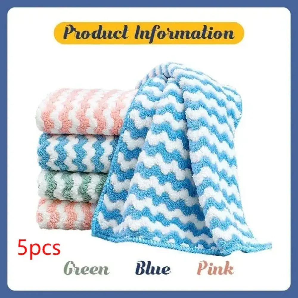 Set of five super absorbent striped coral fleece kitchen cleaning cloths in blue green and pink with chevron texture