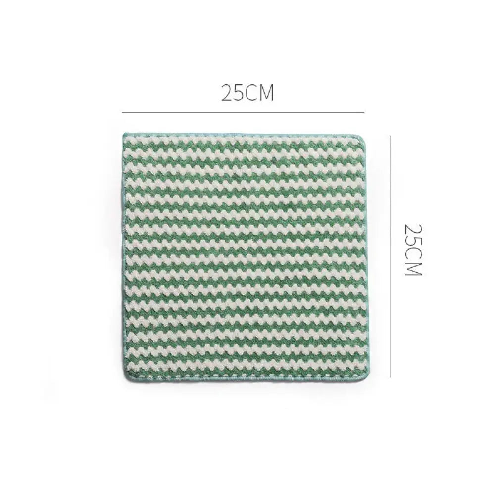 Super absorbent square coral fleece kitchen cleaning cloth with woven green and off-white striped pattern, 25cm by 25cm