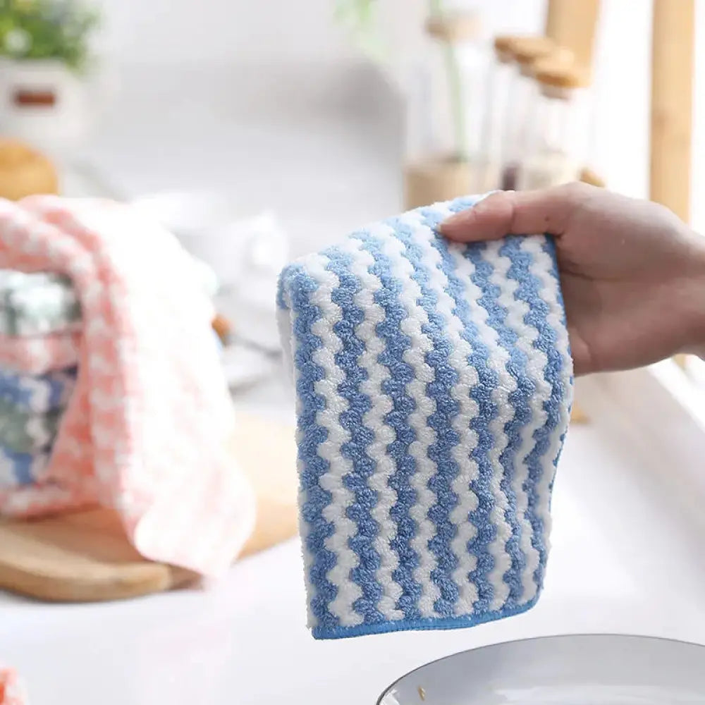 Blue and white striped microfiber kitchen cleaning cloth with super absorbent coral fleece and textured wavy pattern