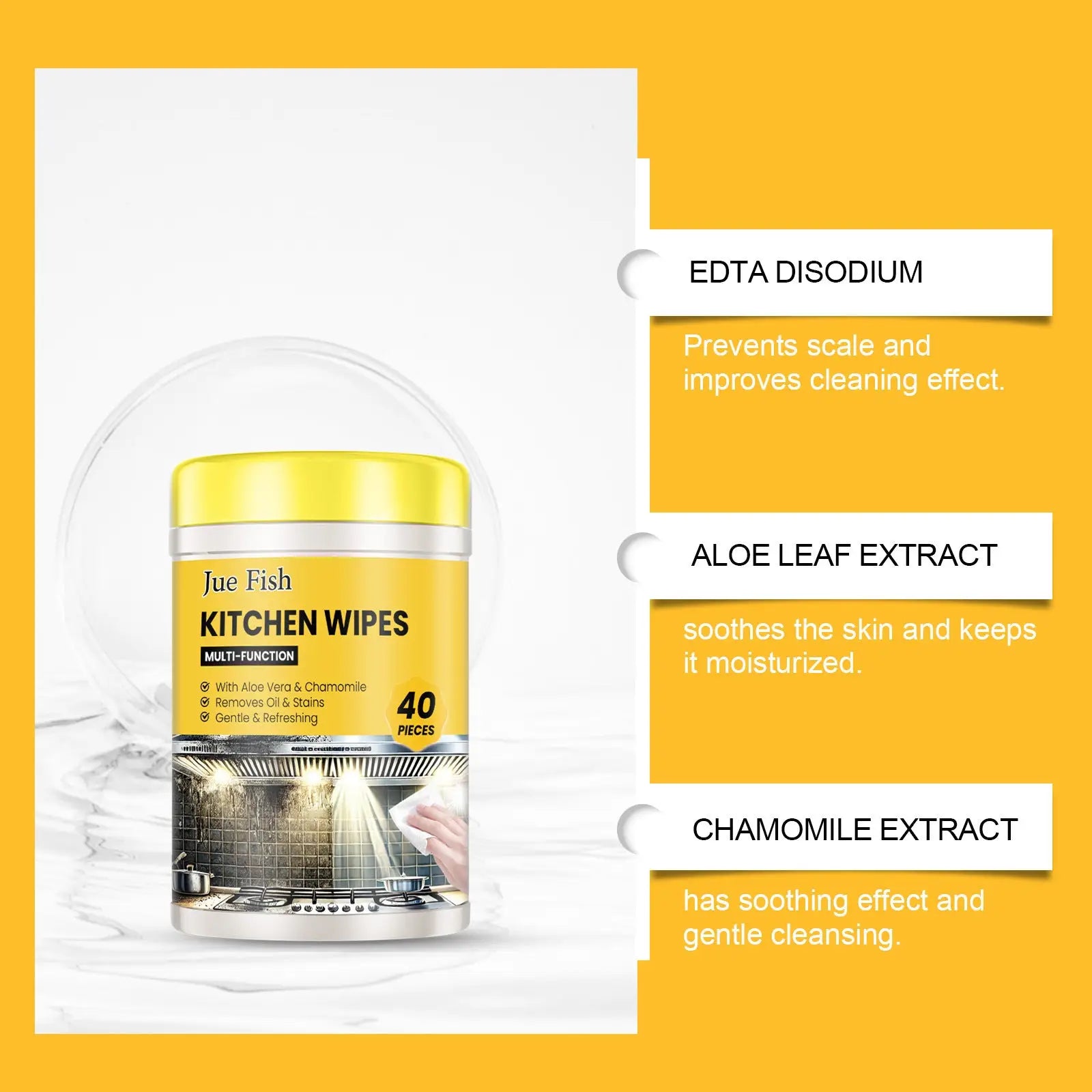 Yellow cylindrical container of jue fish kitchen cleaning wipes multi purpose degreaser 40 count for oil and stain removal