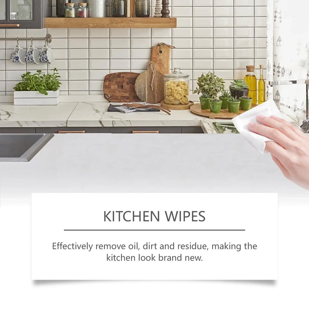 White paper kitchen cleaning wipe used to clean a countertop featuring multi purpose degreaser 40 count pack