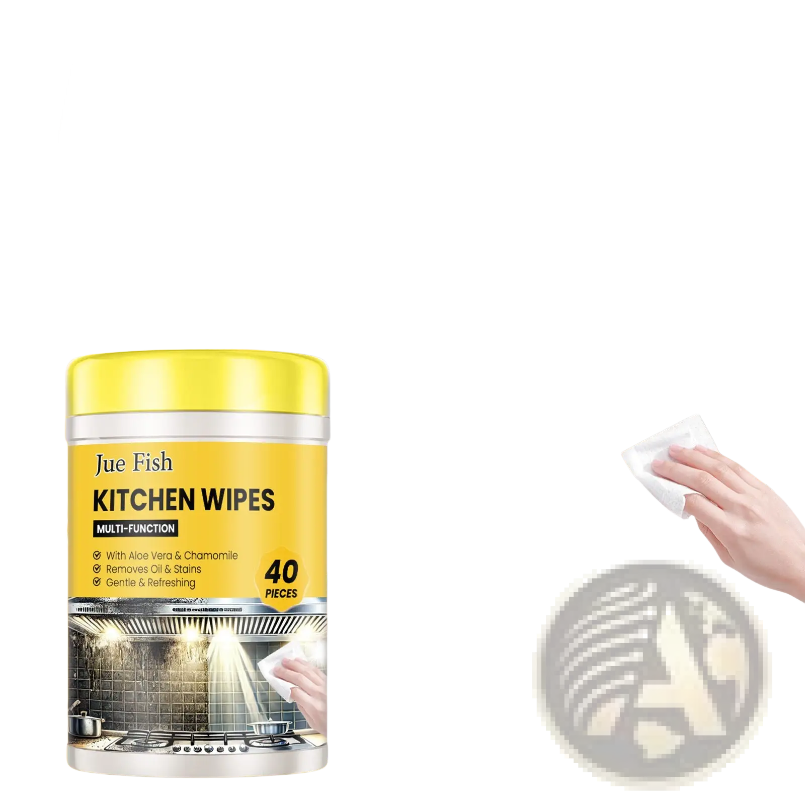 Yellow cylindrical container of jue fish multi-function kitchen wipes with silver lid containing 40 degreasing wipes