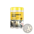 Yellow cylindrical container of jue fish multi-function kitchen cleaning wipes with silver lid and clean kitchen range label