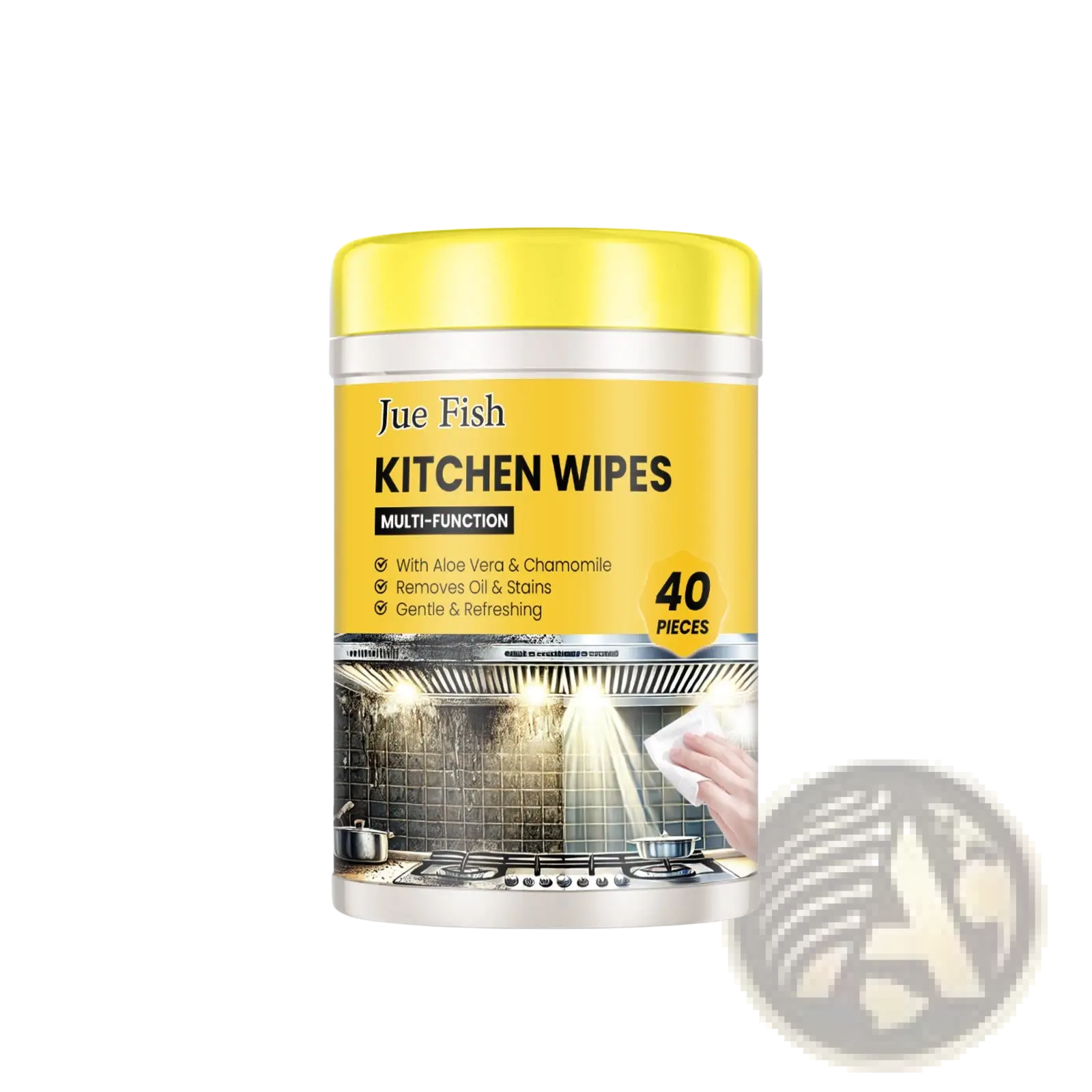 Yellow cylindrical container of jue fish multi-function kitchen cleaning wipes with silver lid and clean kitchen range label