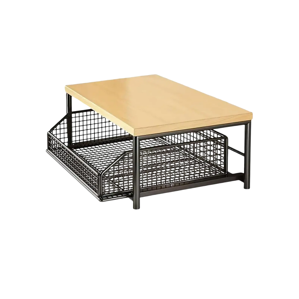 Black metal mesh kitchen countertop organizer with light wood top and two pull-out drawers for kitchen storage double tier shelf