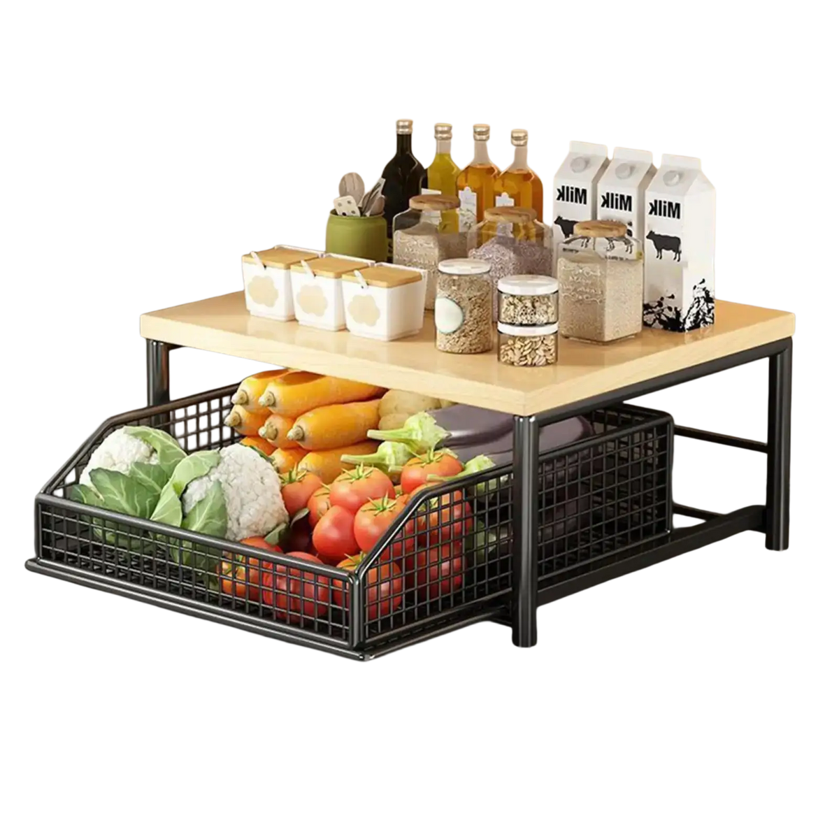 Black metal wire mesh kitchen countertop organizer double tier with wooden top shelf for kitchen storage