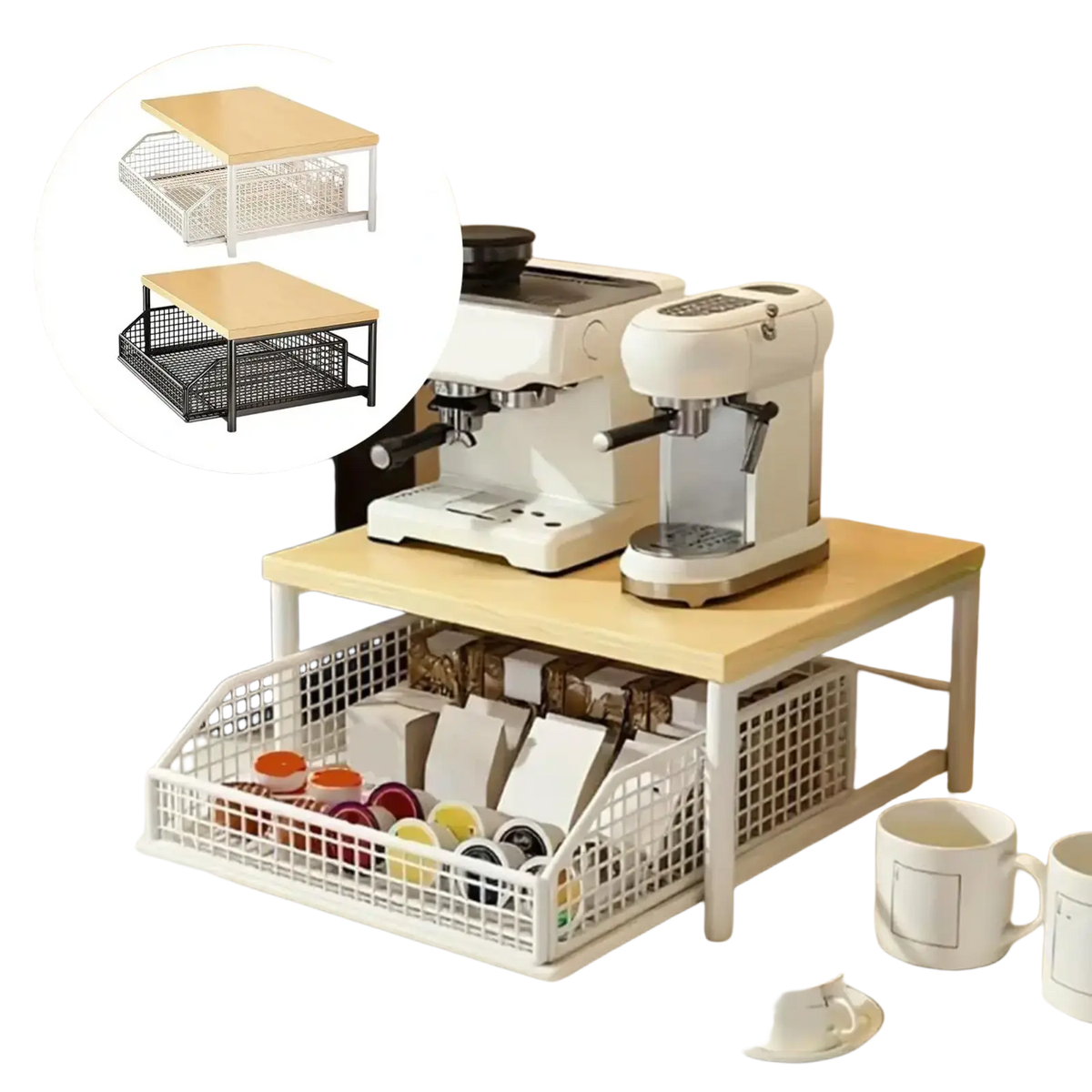 Kitchen countertop organizer double tier wood and metal shelf with light wood top and white metal frame for kitchen storage