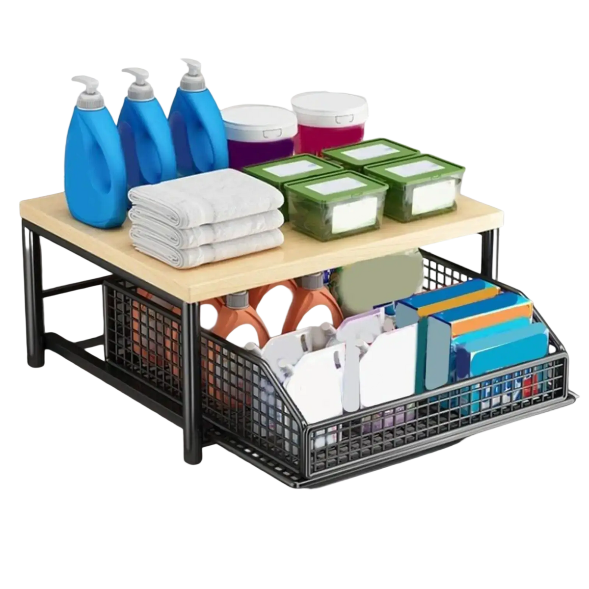 Two-tiered wooden and black metal kitchen countertop organizer with mesh basket for efficient kitchen storage
