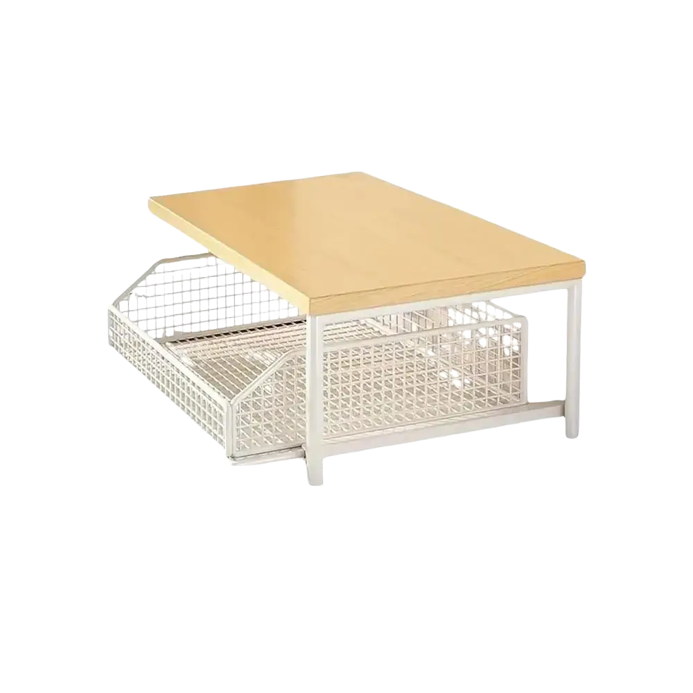 White metal mesh drawer unit with light wood top kitchen countertop organizer double tier shelf for kitchen storage