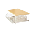 White metal mesh drawer unit with light wood top kitchen countertop organizer double tier shelf for kitchen storage