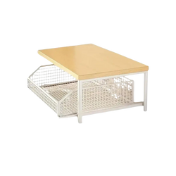 White metal mesh drawer unit with light wood top kitchen countertop organizer double tier shelf for kitchen storage