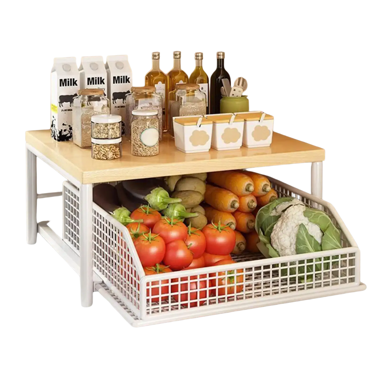 White two-tier kitchen countertop organizer with wooden top and wire mesh drawers for kitchen storage of vegetables