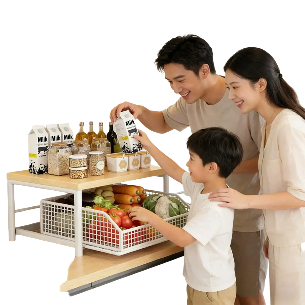 White wire mesh kitchen countertop organizer double tier with wood accents and lower basket for kitchen storage