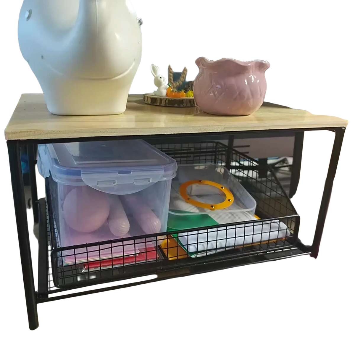 Black metal-framed kitchen countertop organizer with light wood top and wire mesh pull-out storage basket