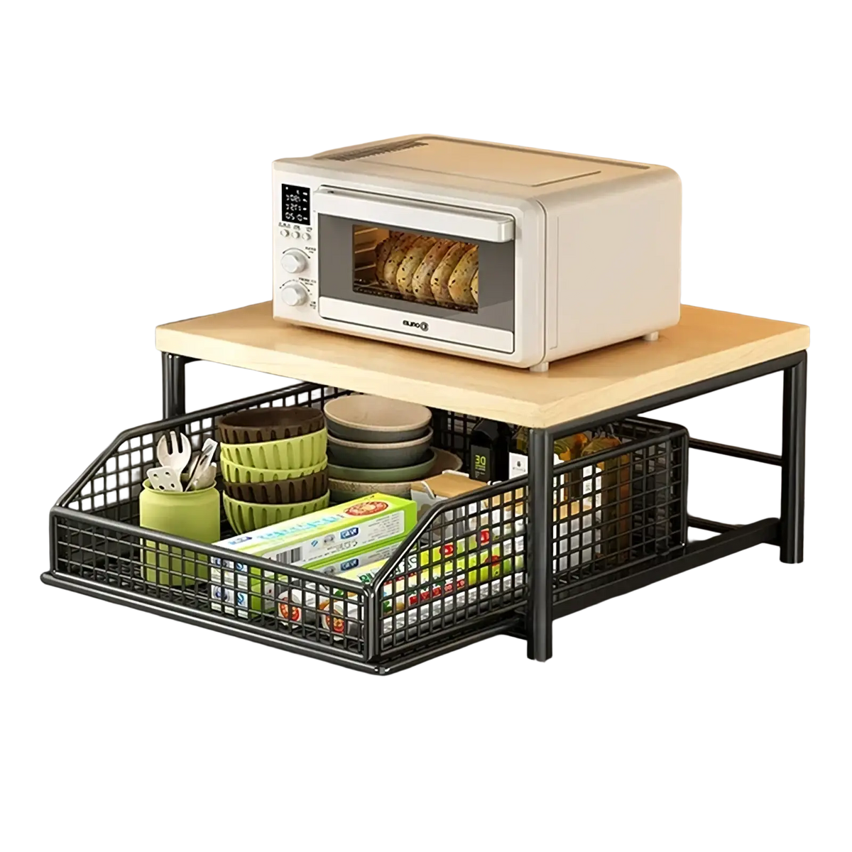 Black metal wire mesh kitchen countertop organizer with pull-out storage basket and wooden top surface