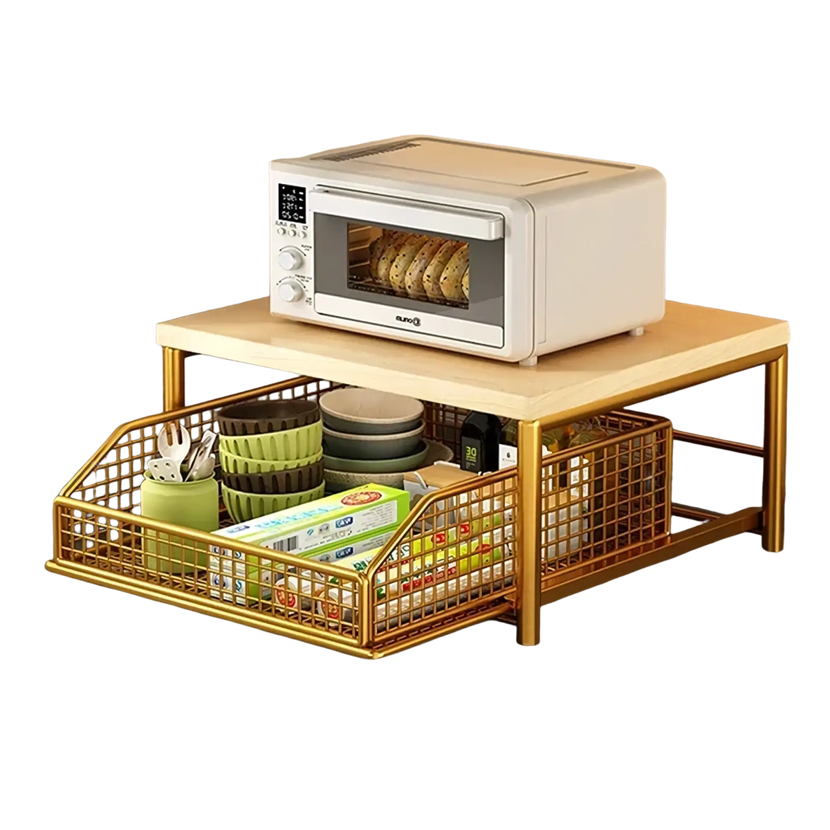 Kitchen countertop organizer with gold metal wire mesh, wooden top, and pull-out storage basket drawer
