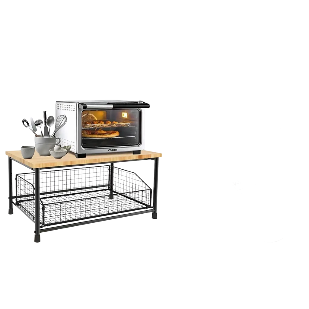 Silver toaster oven with glass door and interior racks featured as kitchen countertop organizer with pull-out basket
